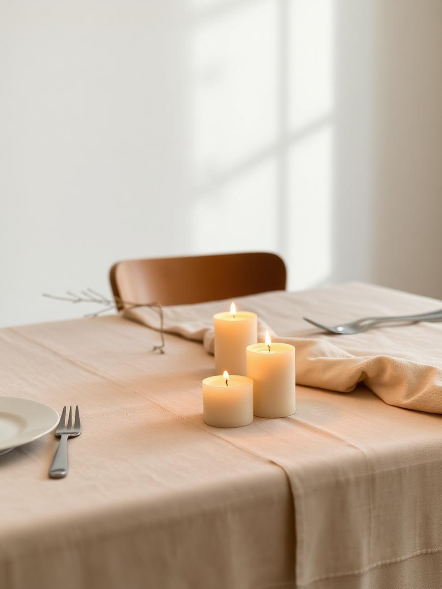 Ljus som brunnit ner på en linneduk efter middagen