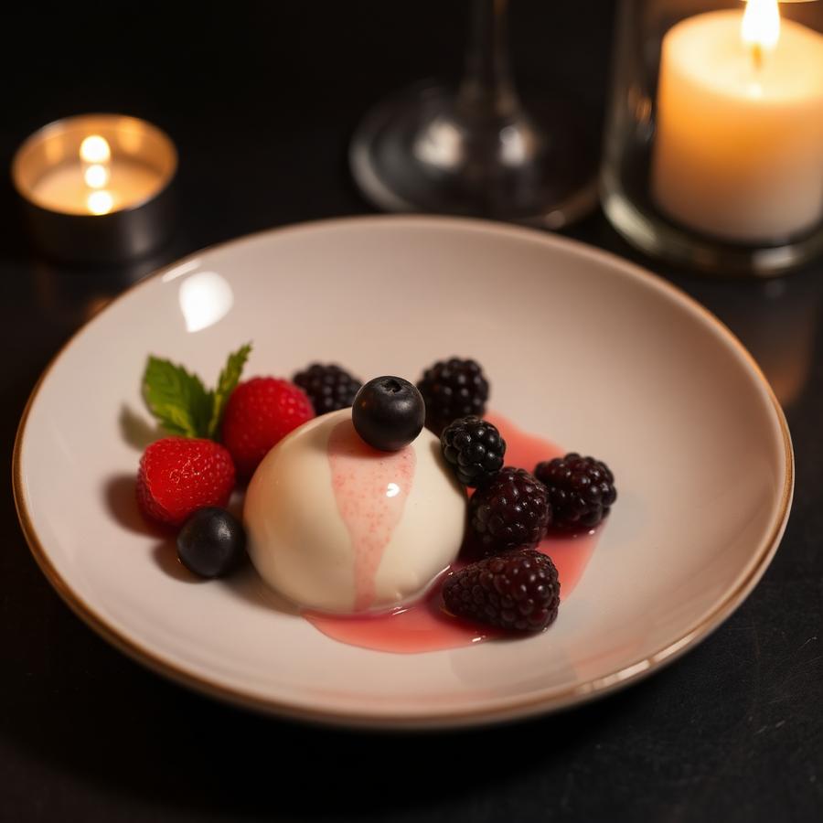 En dessert med grädde och bär på en liten keramikskål